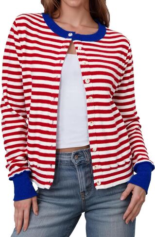 Glamaker Women's Striped Fall Cardigan Sweater Cropped Button Down Knit Long Sleeve Crewneck Fashion Cardigans in Saudi Arabia