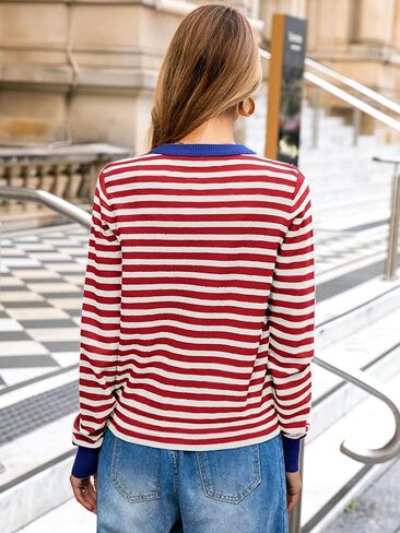 Glamaker Women's Striped Fall Cardigan Sweater Cropped Button Down Knit Long Sleeve Crewneck Fashion Cardigans in Saudi Arabia