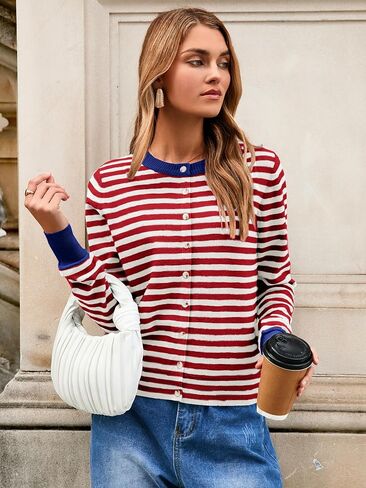 Glamaker Women's Striped Fall Cardigan Sweater Cropped Button Down Knit Long Sleeve Crewneck Fashion Cardigans in Saudi Arabia