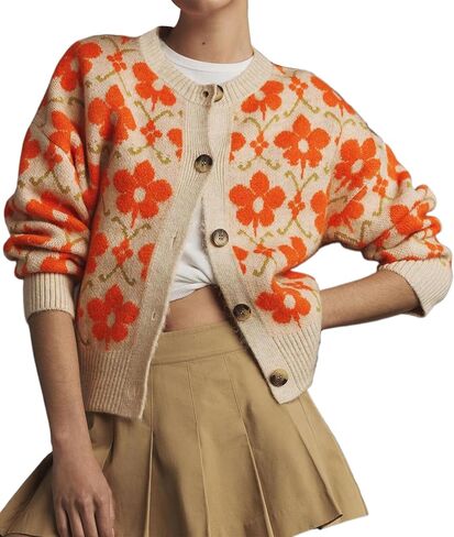 Floral Cardigan Sweaters for Women Lightweight Button Up Flower Printed Pattern Cardigans Fall Knit Sweater Tops in Kuwait