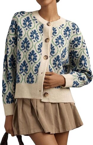 Floral Cardigan Sweaters for Women Lightweight Button Up Flower Printed Pattern Cardigans Fall Knit Sweater Tops in Kuwait