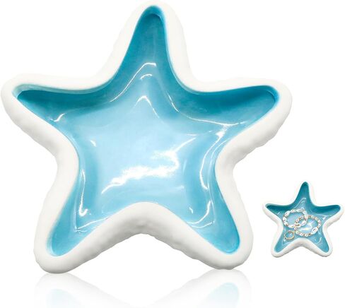 Starfish Ceramic Jewelry Tray for Rings Earrings Necklaces, Beach Decor Trinket Dish Holder, Ocean Themed Coastal Room Decor Organizer, Blue and White Ceramic Ring Dish in Saudi Arabia