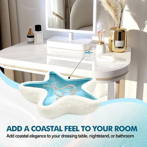 Starfish Ceramic Jewelry Tray for Rings Earrings Necklaces, Beach Decor Trinket Dish Holder, Ocean Themed Coastal Room Decor Organizer, Blue and White Ceramic Ring Dish in Saudi Arabia