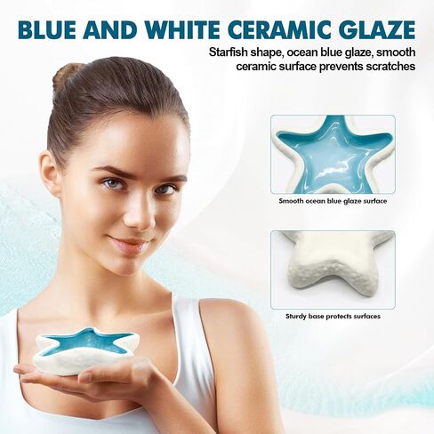 Starfish Ceramic Jewelry Tray for Rings Earrings Necklaces, Beach Decor Trinket Dish Holder, Ocean Themed Coastal Room Decor Organizer, Blue and White Ceramic Ring Dish in Saudi Arabia
