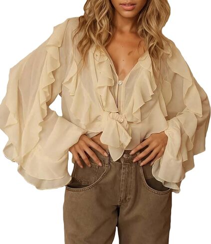 LETSVDO Women's Ruffle Chiffon Tops Puff Sleeve Sheer See Through Button Down V Neck Bubble Loose Casual Blouses Shirts in Saudi Arabia