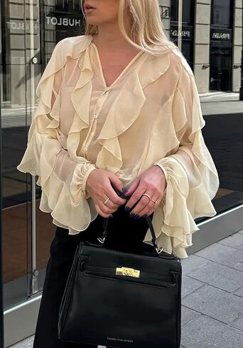LETSVDO Women's Ruffle Chiffon Tops Puff Sleeve Sheer See Through Button Down V Neck Bubble Loose Casual Blouses Shirts in Saudi Arabia