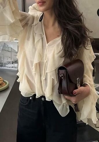 LETSVDO Women's Ruffle Chiffon Tops Puff Sleeve Sheer See Through Button Down V Neck Bubble Loose Casual Blouses Shirts in Saudi Arabia