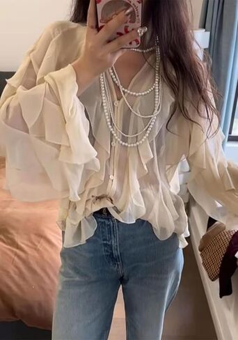 LETSVDO Women's Ruffle Chiffon Tops Puff Sleeve Sheer See Through Button Down V Neck Bubble Loose Casual Blouses Shirts in Saudi Arabia
