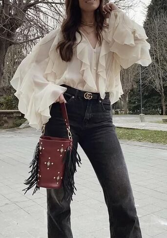 LETSVDO Women's Ruffle Chiffon Tops Puff Sleeve Sheer See Through Button Down V Neck Bubble Loose Casual Blouses Shirts in Saudi Arabia
