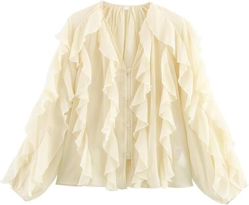 LETSVDO Women's Ruffle Chiffon Tops Puff Sleeve Sheer See Through Button Down V Neck Bubble Loose Casual Blouses Shirts in Saudi Arabia