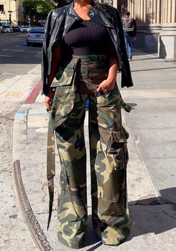 Women's Baggy Camo Cargo Pants High Waist Streetwear Camouflage Army Wide Leg Pants with Pockets in Saudi Arabia