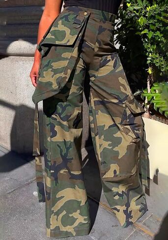 Women's Baggy Camo Cargo Pants High Waist Streetwear Camouflage Army Wide Leg Pants with Pockets in Saudi Arabia