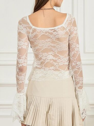 Women Lace Long Sleeve Going Out Top Y2K Floral Flowy Vintage Sheer Blouse Club Streetwear in Saudi Arabia