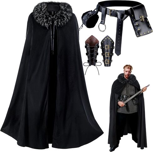 6 Pcs Halloween Men's Viking Costume Set Medieval Viking Fur Cape Cloak Renaissance Pirate Victorian LARP Belt Bracer Pouch in Kuwait