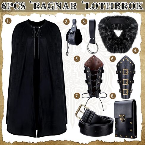 6 Pcs Halloween Men's Viking Costume Set Medieval Viking Fur Cape Cloak Renaissance Pirate Victorian LARP Belt Bracer Pouch in Kuwait