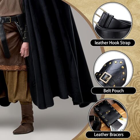 6 Pcs Halloween Men's Viking Costume Set Medieval Viking Fur Cape Cloak Renaissance Pirate Victorian LARP Belt Bracer Pouch in Kuwait