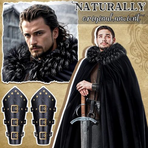 6 Pcs Halloween Men's Viking Costume Set Medieval Viking Fur Cape Cloak Renaissance Pirate Victorian LARP Belt Bracer Pouch in Kuwait