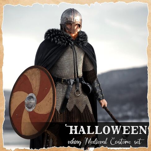 6 Pcs Halloween Men's Viking Costume Set Medieval Viking Fur Cape Cloak Renaissance Pirate Victorian LARP Belt Bracer Pouch in Kuwait
