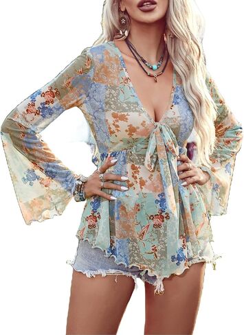 Floerns Women's V Neck Floral Print Sheer Mesh Bell Sleeve Ruffle Peplum Blouse Top in Saudi Arabia