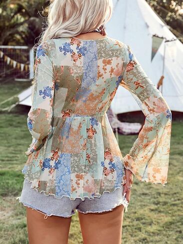 Floerns Women's V Neck Floral Print Sheer Mesh Bell Sleeve Ruffle Peplum Blouse Top in Saudi Arabia