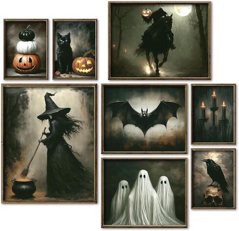 JarThenaAMCS 8Pcs Vintage Halloween Wall Art Prints Scary Headless Horse Witch Bat Ghost Art Poster Dark Goth Moody Wall Decor for Gallery Living Room Bedroom Decor (UNFRAMED) in Saudi Arabia
