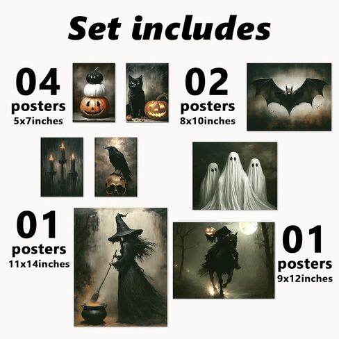 JarThenaAMCS 8Pcs Vintage Halloween Wall Art Prints Scary Headless Horse Witch Bat Ghost Art Poster Dark Goth Moody Wall Decor for Gallery Living Room Bedroom Decor (UNFRAMED) in Saudi Arabia