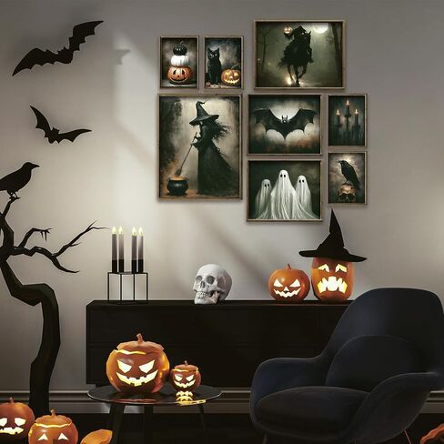 JarThenaAMCS 8Pcs Vintage Halloween Wall Art Prints Scary Headless Horse Witch Bat Ghost Art Poster Dark Goth Moody Wall Decor for Gallery Living Room Bedroom Decor (UNFRAMED) in Saudi Arabia