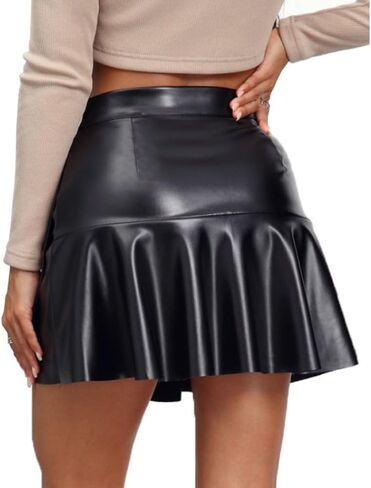 Women's Faux Leather Skirts Black High Waisted Ruffled Hem Classic PU A Line Mini Skirt in Saudi Arabia