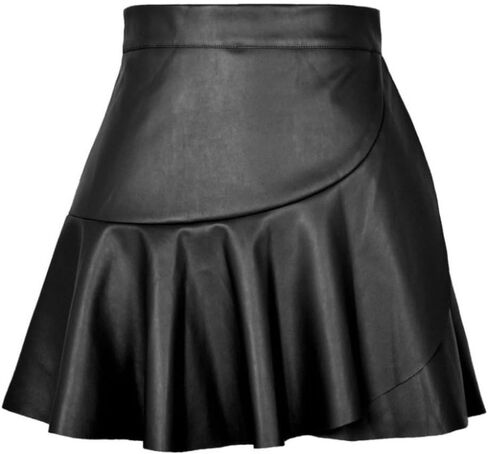 Women's Faux Leather Skirts Black High Waisted Ruffled Hem Classic PU A Line Mini Skirt in Saudi Arabia