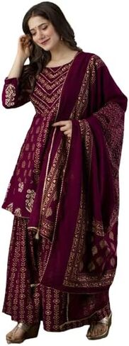 KUROCK Pakistani Kurti Sharara Set For Women's Rayon Mix Cotton Tunic Dupatta Set Indian Summer Dress (Wine) in Saudi Arabia