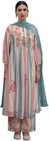 Janasya Indian Women's Georgette Cream Floral Print Festive Wear Kurta Set for Women in Saudi Arabia