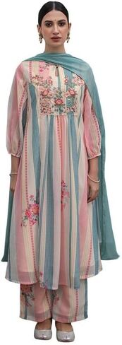Janasya Indian Women's Georgette Cream Floral Print Festive Wear Kurta Set for Women in Saudi Arabia
