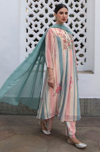 Janasya Indian Women's Georgette Cream Floral Print Festive Wear Kurta Set for Women in Saudi Arabia