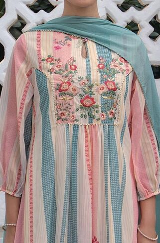 Janasya Indian Women's Georgette Cream Floral Print Festive Wear Kurta Set for Women in Saudi Arabia