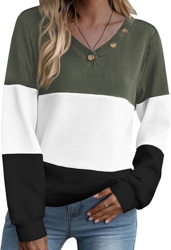 Zeagoo Women Waffle Knit Tops V Neck Long Sleeve Tunics Color Block Casual Blouse Fall Fashion 2025 Button Decor T Shirt in Saudi Arabia