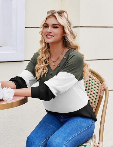 Zeagoo Women Waffle Knit Tops V Neck Long Sleeve Tunics Color Block Casual Blouse Fall Fashion 2025 Button Decor T Shirt in Saudi Arabia