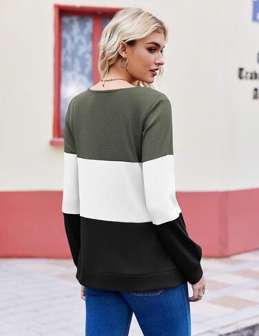 Zeagoo Women Waffle Knit Tops V Neck Long Sleeve Tunics Color Block Casual Blouse Fall Fashion 2025 Button Decor T Shirt in Saudi Arabia