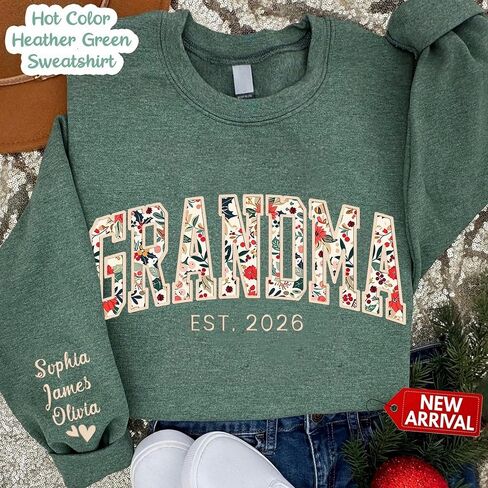 Custom Embroidered Grandma Floral Shirt with Names on Sleeve, Personalized Grandma Gift, Floral Grandma Crewneck Sweatshirt in Saudi Arabia