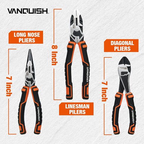 VANQUISH 3-Piece Pliers Set with Wire Jaw Diagonal Cutting Pliers, Long Needle Nose Pliers and Linemans Pliers Tool Set (3192) in Kuwait