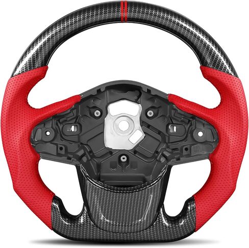 Hydro-Dip Carbon-Fiber Steering Wheel for Toyota Supra 2019–2024, D-Shaped Flat-Bottom, Red Leather Grip and Stitching, Dual Red Center Stripes, Hand-Stitched, for GR in Saudi Arabia