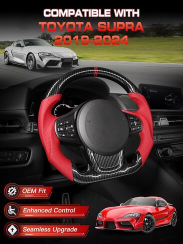 Hydro-Dip Carbon-Fiber Steering Wheel for Toyota Supra 2019–2024, D-Shaped Flat-Bottom, Red Leather Grip and Stitching, Dual Red Center Stripes, Hand-Stitched, for GR in Saudi Arabia