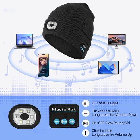 قبعة صغيرة بلوتوث مع ضوء، قبعة متماسكة قابلة لإعادة الشحن عبر USB مع مصابيح أمامية لسماعات الرأس و3 أوضاع إضاءة للرجال والنساء، هدية مثالية لعيد الميلاد وعيد الميلاد باللون الأسود in Kuwait