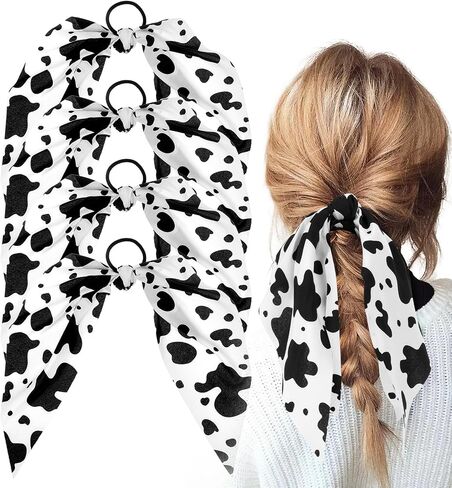 4 Pcs Cow Print Bandana Hair Accessories, Rabbit Bunny Ear Bow Non-Slip Scrunchie for Women Girls, Perfect for Ponytails and All Hair Types in Saudi Arabia