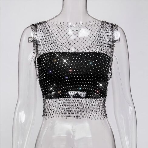 Women's Rhinestone Mesh Festival Top - Glitter Bikini Crop for Nightclub Parties (Black) in Saudi Arabia