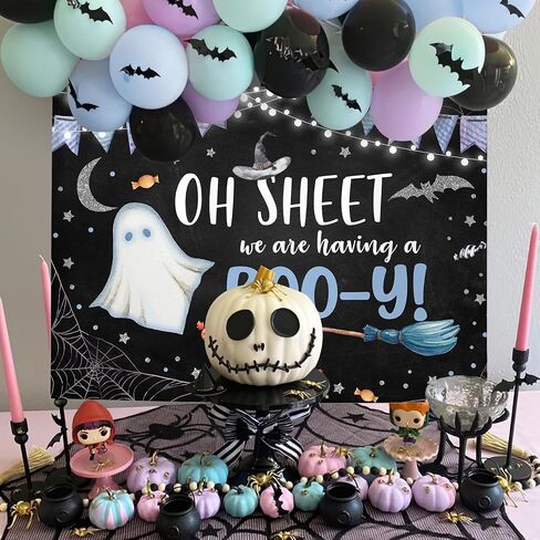 MEHOFOND Halloween Boy Baby Shower Party Backdrop، لدينا خدعة مخيفة لطيفة أو علاج للتصوير الفوتوغرافي خلفية العنكبوت على شبكة الإنترنت الخفافيش القمر كعكة الجدول الزينة Photobooth راية 7x5ft in Saudi Arabia
