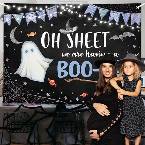 MEHOFOND Halloween Boy Baby Shower Party Backdrop، لدينا خدعة مخيفة لطيفة أو علاج للتصوير الفوتوغرافي خلفية العنكبوت على شبكة الإنترنت الخفافيش القمر كعكة الجدول الزينة Photobooth راية 7x5ft in Saudi Arabia