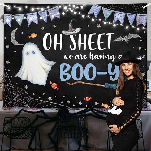 MEHOFOND Halloween Boy Baby Shower Party Backdrop، لدينا خدعة مخيفة لطيفة أو علاج للتصوير الفوتوغرافي خلفية العنكبوت على شبكة الإنترنت الخفافيش القمر كعكة الجدول الزينة Photobooth راية 7x5ft in Saudi Arabia
