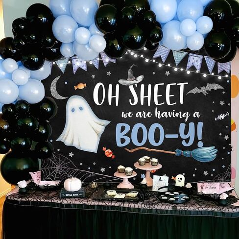 MEHOFOND Halloween Boy Baby Shower Party Backdrop، لدينا خدعة مخيفة لطيفة أو علاج للتصوير الفوتوغرافي خلفية العنكبوت على شبكة الإنترنت الخفافيش القمر كعكة الجدول الزينة Photobooth راية 7x5ft in Saudi Arabia