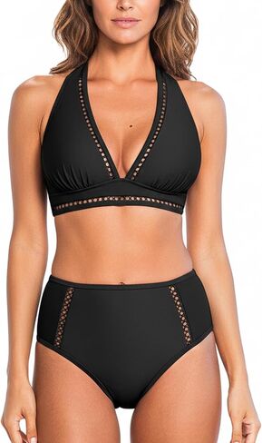 CUPSHE Women's Bikini Sets High Waisted Two Piece Swimsuit V Neck Halter Strap Bathing Suit Cutouts Back Hook in Saudi Arabia