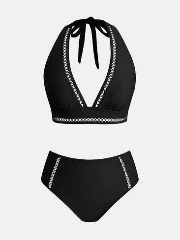 CUPSHE Women's Bikini Sets High Waisted Two Piece Swimsuit V Neck Halter Strap Bathing Suit Cutouts Back Hook in Saudi Arabia